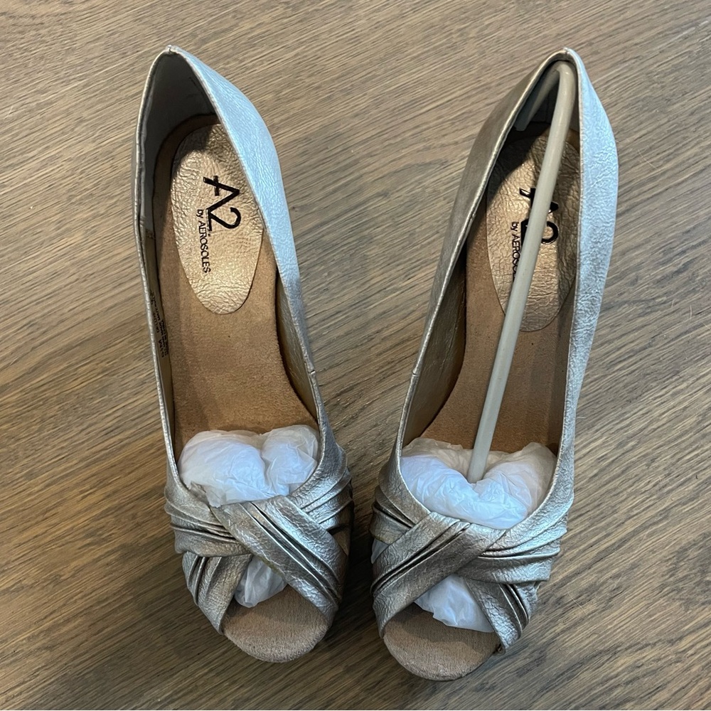 A2 By Aerosoles Silver Peep Toe Heels
